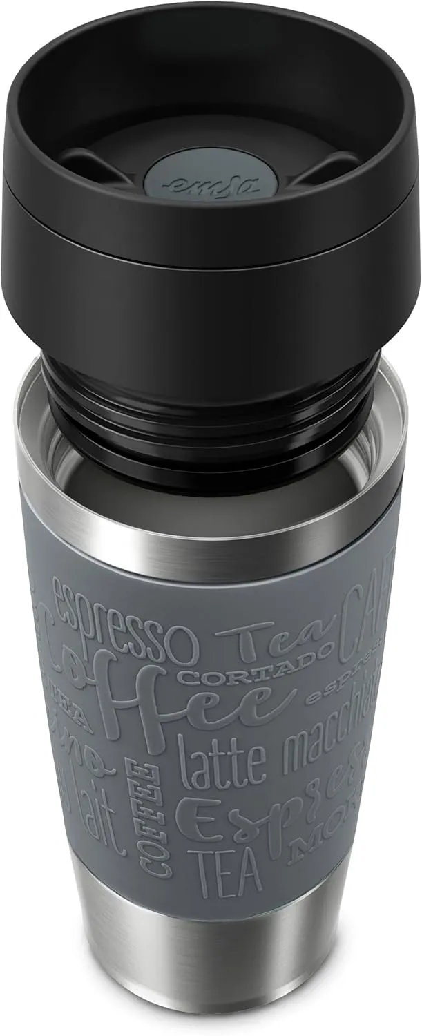 Emsa N20205 Travel Mug Classic Insulated Mug 0.36 Litres Comfort Screw Cap Stainless Steel 4 Hours Hot and 8 Hours Cold 100% Leak-Proof Dishwasher Safe 360° Drinking Opening Dark Grey