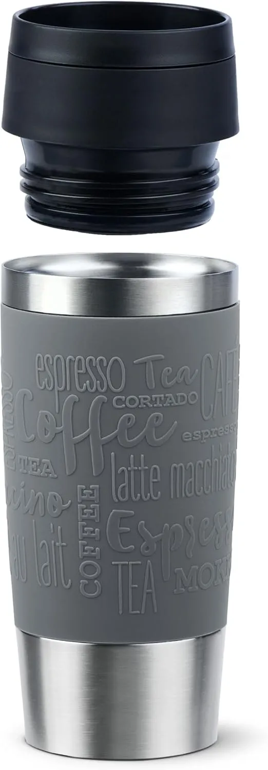 Emsa N20205 Travel Mug Classic Insulated Mug 0.36 Litres Comfort Screw Cap Stainless Steel 4 Hours Hot and 8 Hours Cold 100% Leak-Proof Dishwasher Safe 360° Drinking Opening Dark Grey