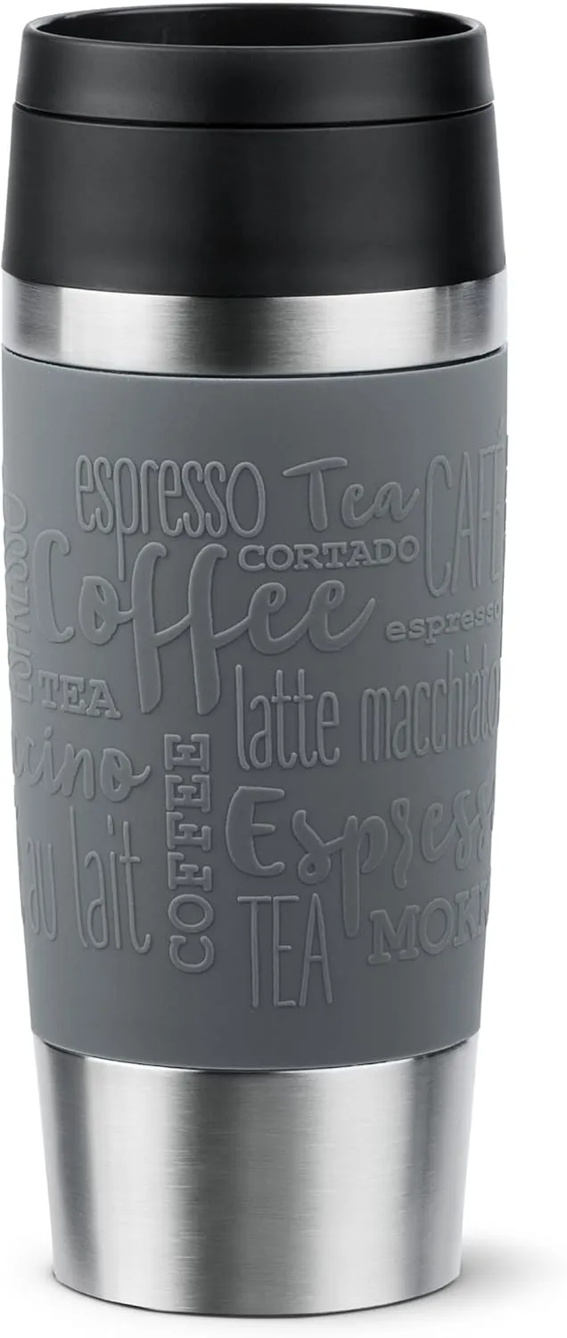 Emsa N20205 Travel Mug Classic Insulated Mug 0.36 Litres Comfort Screw Cap Stainless Steel 4 Hours Hot and 8 Hours Cold 100% Leak-Proof Dishwasher Safe 360° Drinking Opening Dark Grey