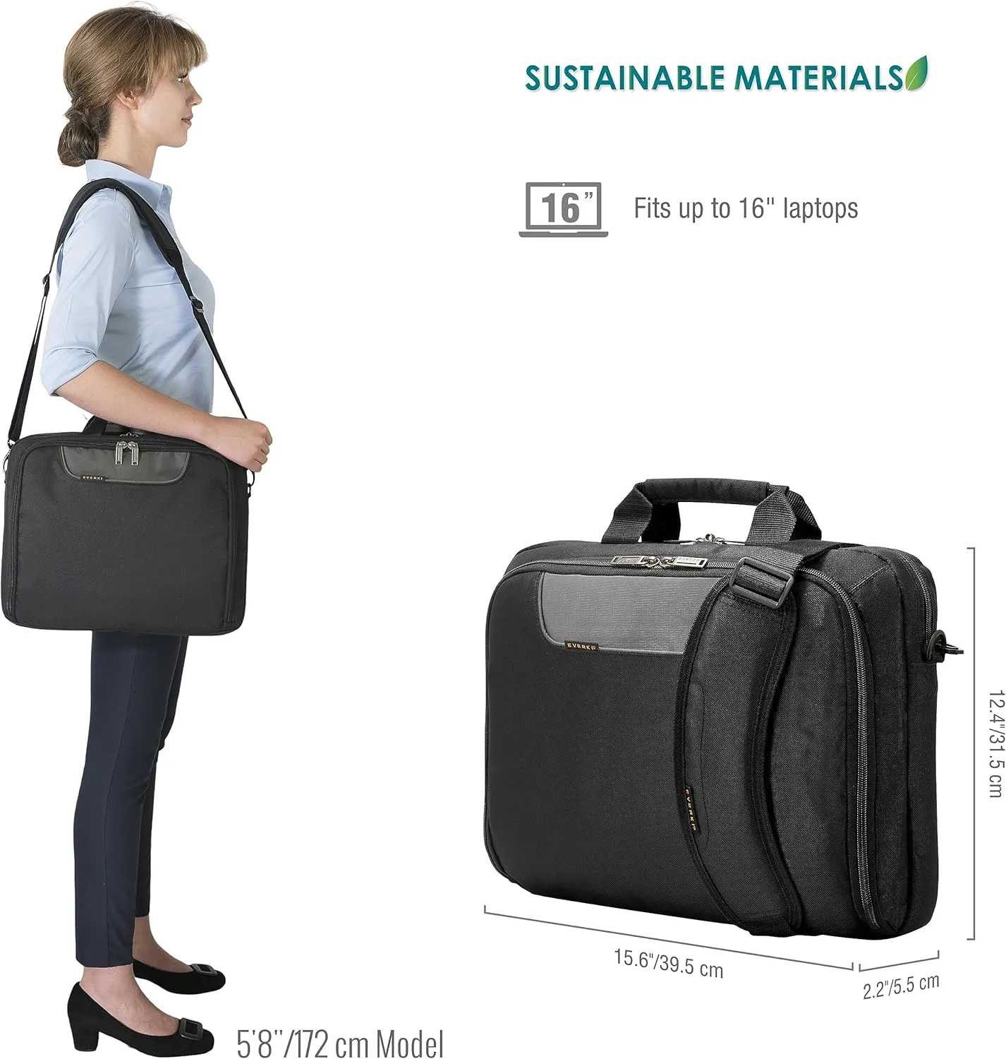 Everki Laptop Briefcase - Travel & Eco-Friendly Computer Bag, 16 Inch Laptop Briefcases for Men & Women, Professional Messenger Lap Top Shoulder Bag, Ideal for Work Carrying Case for Lap Top, Black
