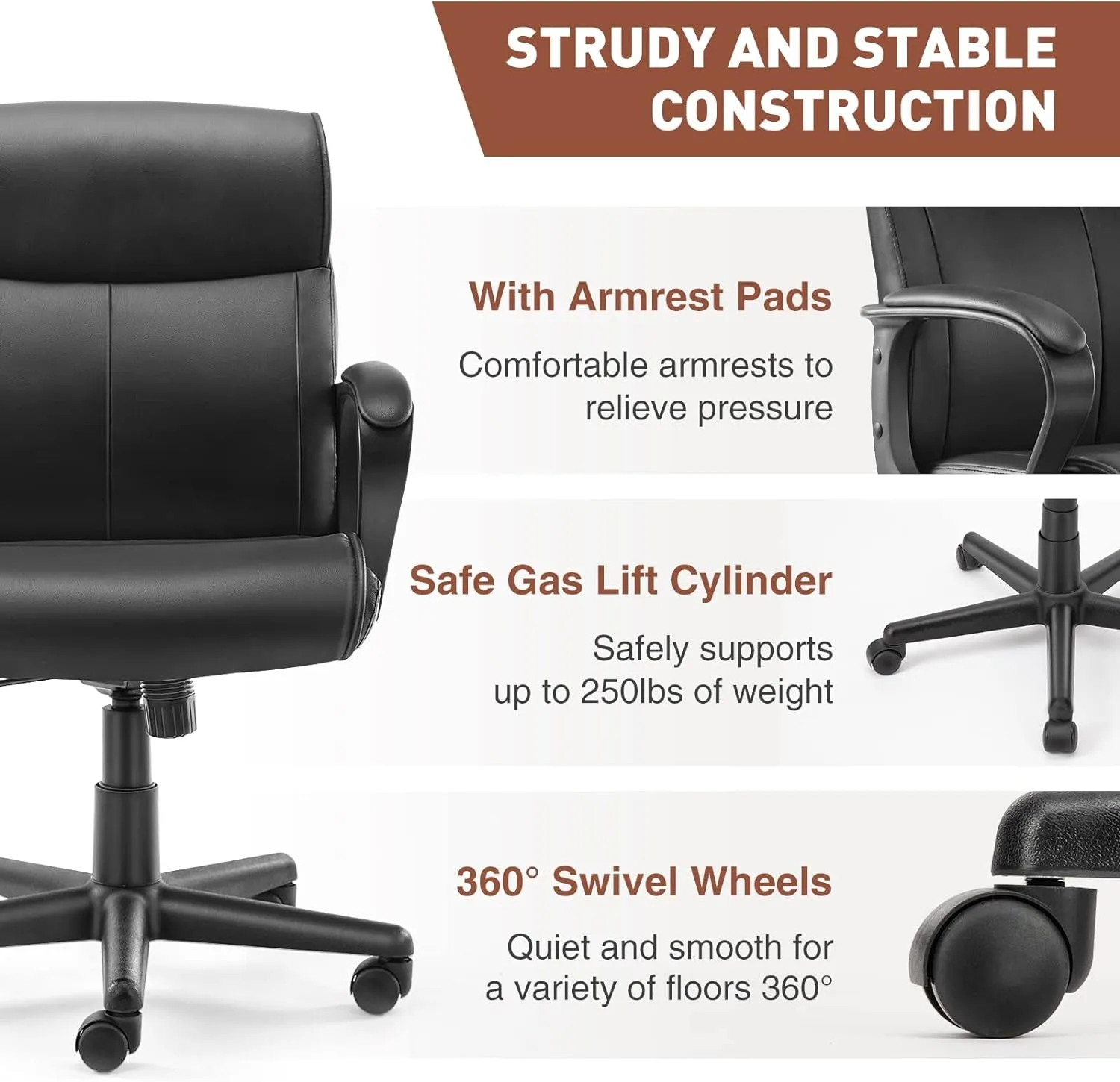 Executive Office Chair with Padded Armrests Mid Back Lumbar Support