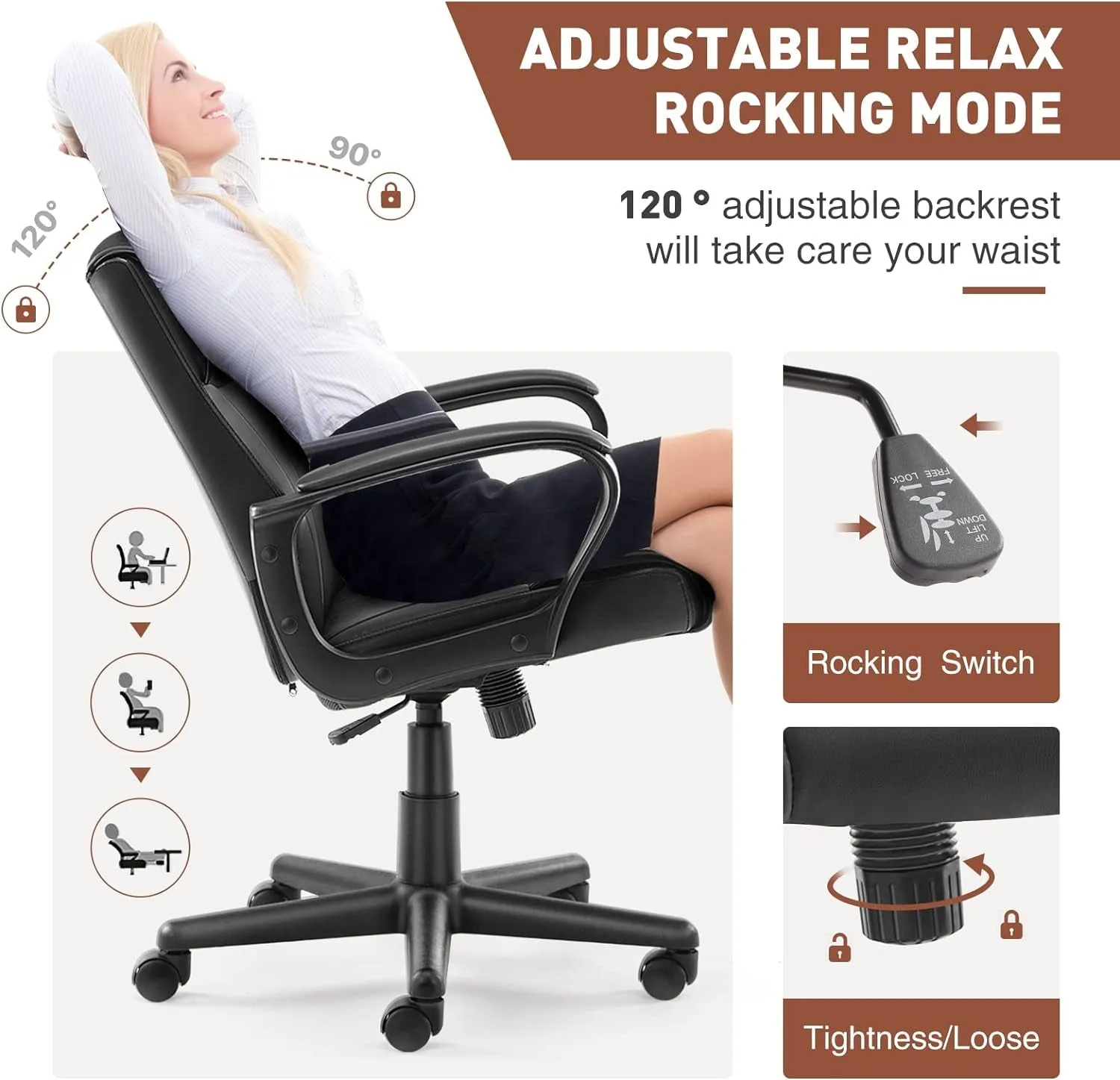 Executive Office Chair with Padded Armrests Mid Back Lumbar Support
