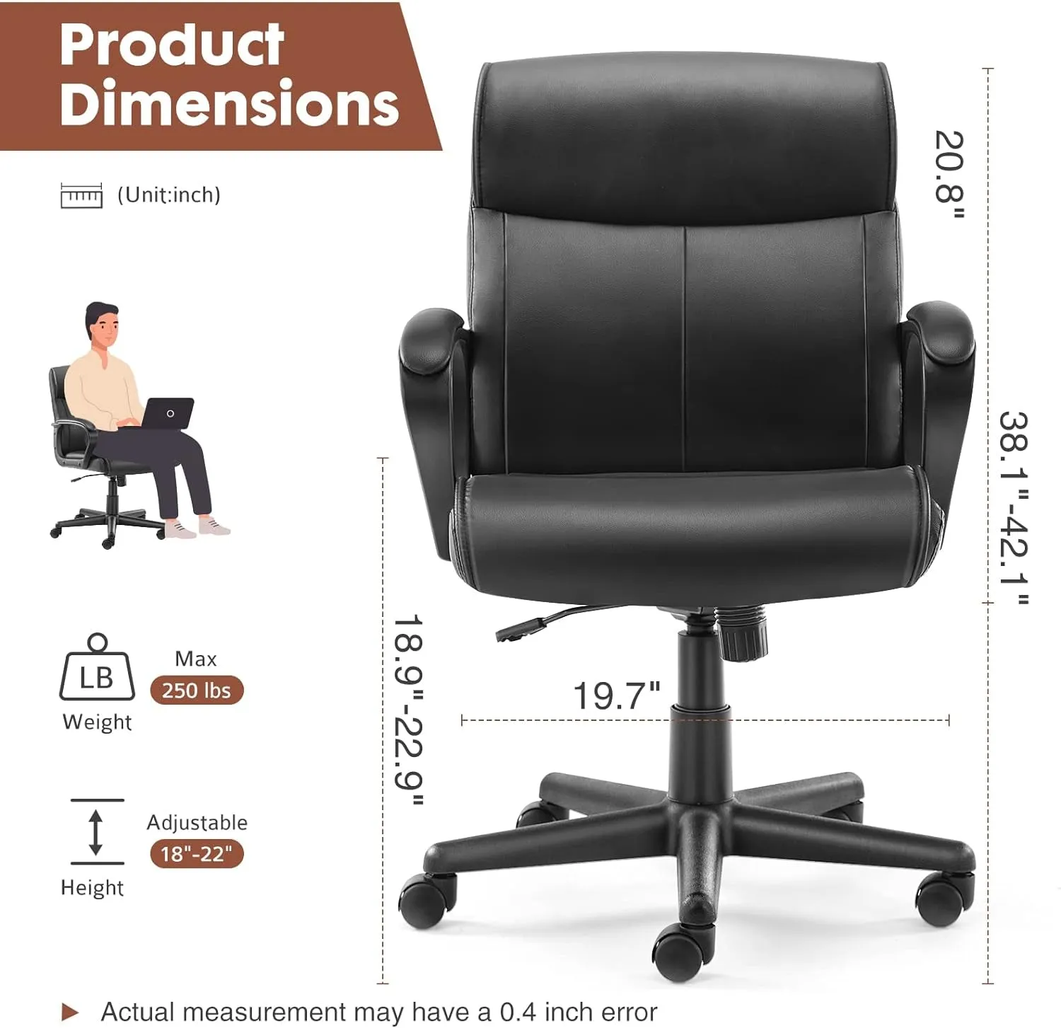 Executive Office Chair with Padded Armrests Mid Back Lumbar Support
