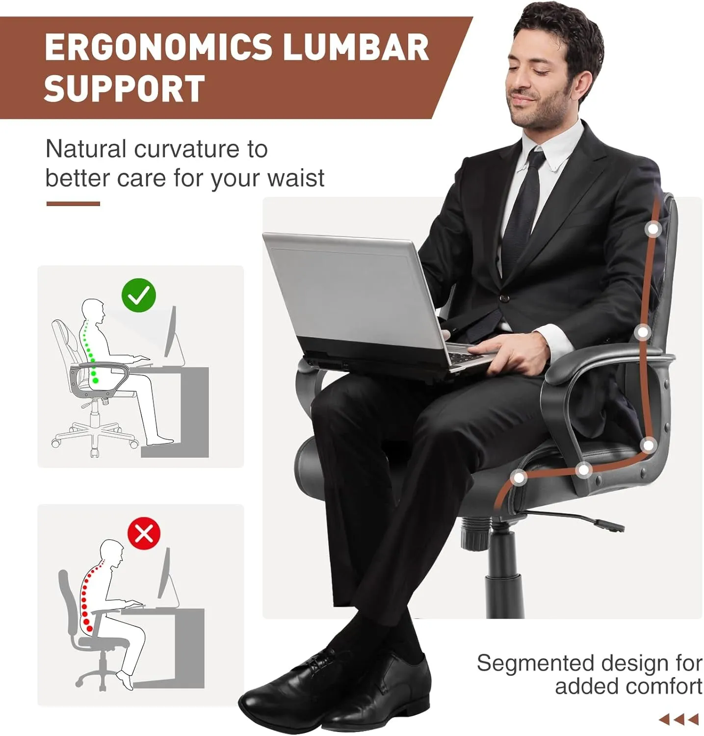 Executive Office Chair with Padded Armrests Mid Back Lumbar Support