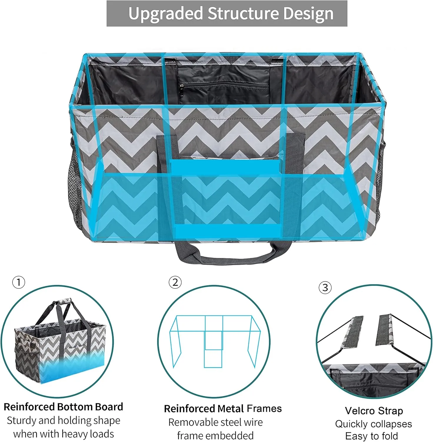 Extra Large Utility Tote Bag, Reusable Grocery Bags Foldable,Upgraded Metal Frame, With Sturdy Handles Reinforced Bottom Heavy Duty Oxford Fabric Moving Shopping Bags, Grey and White Ripples
