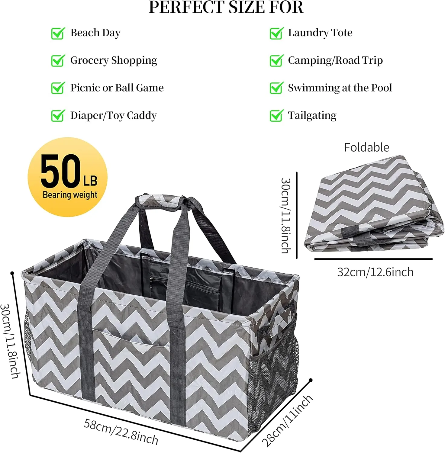 Extra Large Utility Tote Bag, Reusable Grocery Bags Foldable,Upgraded Metal Frame, With Sturdy Handles Reinforced Bottom Heavy Duty Oxford Fabric Moving Shopping Bags, Grey and White Ripples