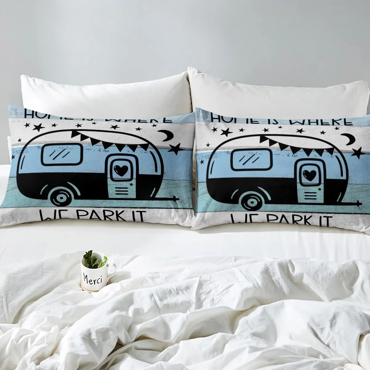 Feelyou Camper Duvet Cover Full Size Happy Camping Comforter Cover RV Camping Bedding Set Written Lettering Decor Bedspread Cover for Kids Boys Girls Adults 3Pcs
