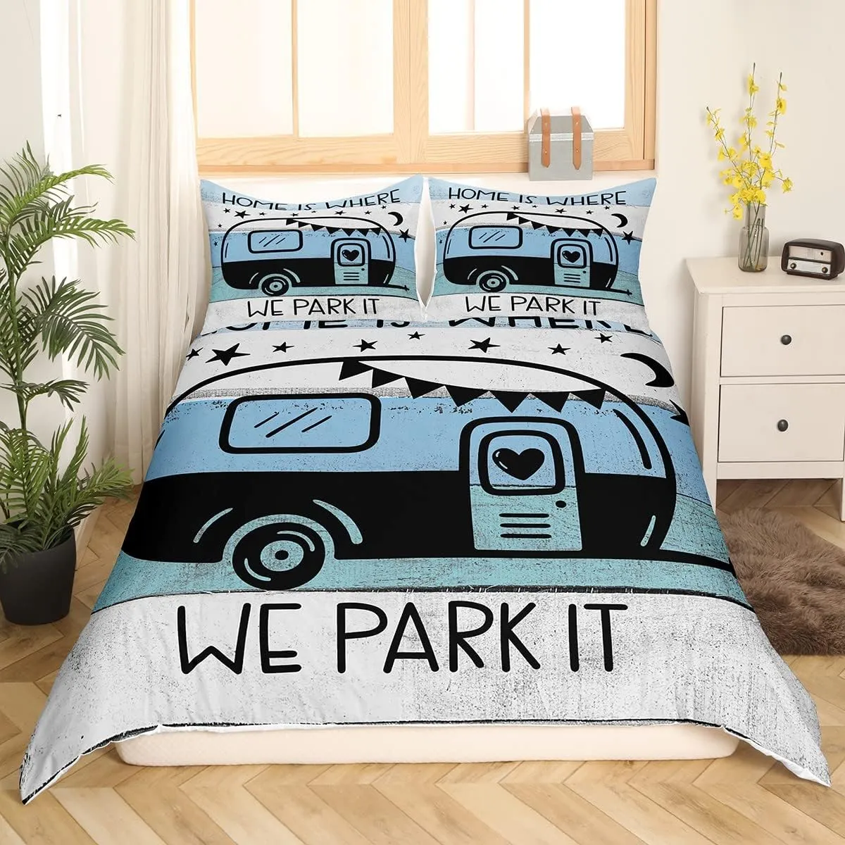 Feelyou Camper Duvet Cover Full Size Happy Camping Comforter Cover RV Camping Bedding Set Written Lettering Decor Bedspread Cover for Kids Boys Girls Adults 3Pcs
