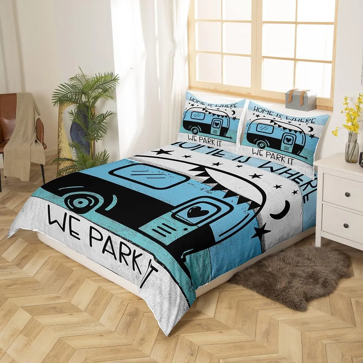 Feelyou Camper Duvet Cover Full Size Happy Camping Comforter Cover RV Camping Bedding Set Written Lettering Decor Bedspread Cover for Kids Boys Girls Adults 3Pcs