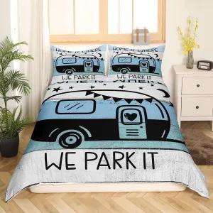 Feelyou Camper Duvet Cover Full Size Happy Camping Comforter Cover RV Camping Bedding Set Written Lettering Decor Bedspread Cover for Kids Boys Girls Adults 3Pcs