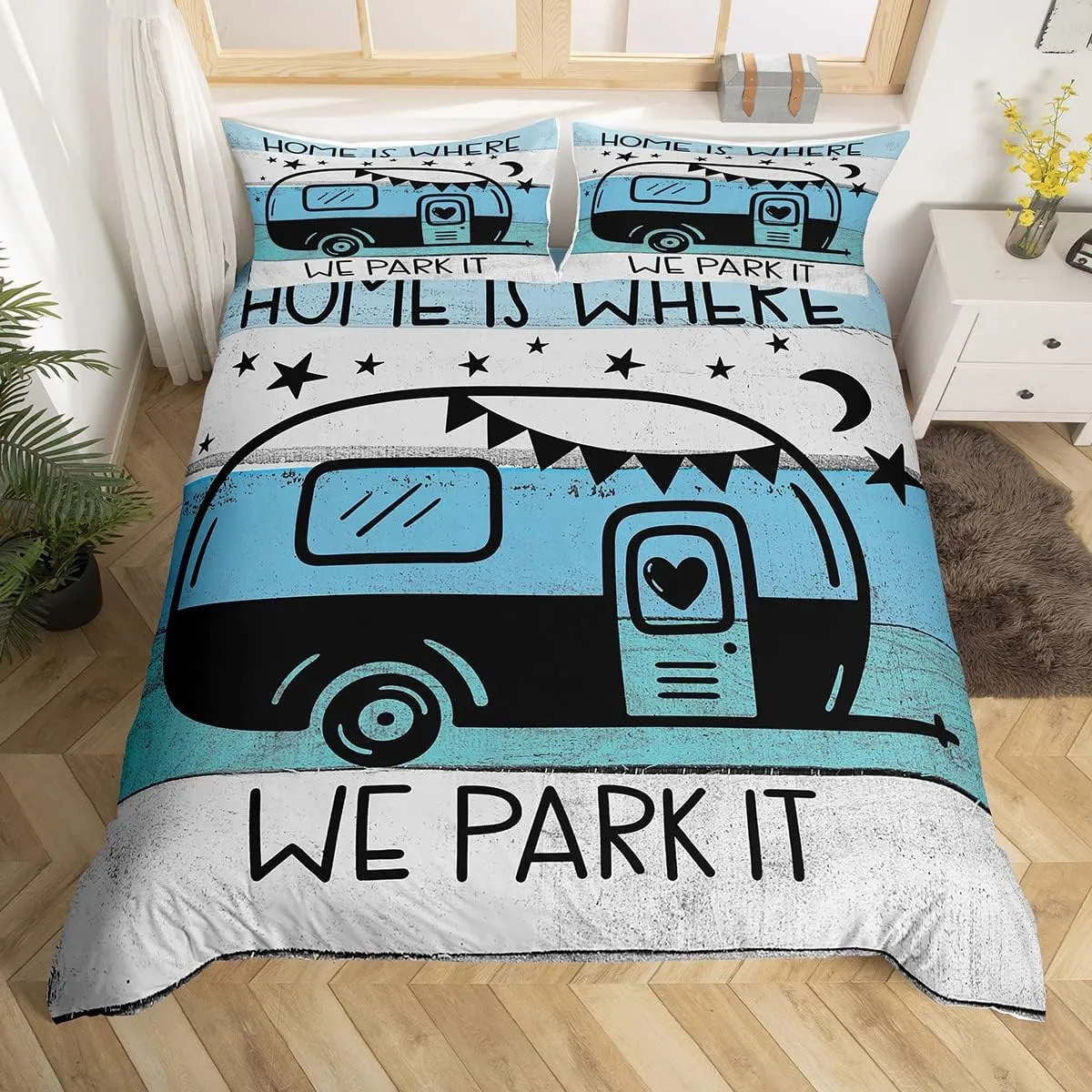 Feelyou Camper Duvet Cover Full Size Happy Camping Comforter Cover RV Camping Bedding Set Written Lettering Decor Bedspread Cover for Kids Boys Girls Adults 3Pcs