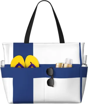 Finnish Flag Beach Tote Bags For Women Travel Totes Bag Handbag With Zipper And Pockets For Travel Vacation