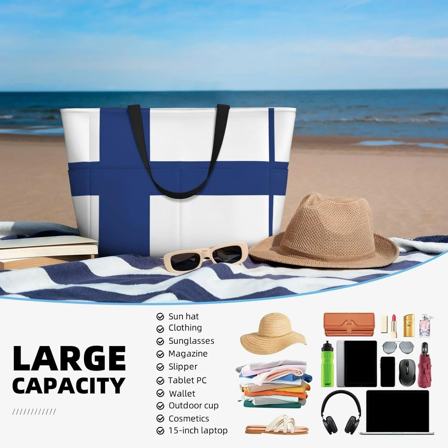 Finnish Flag Beach Tote Bags For Women Travel Totes Bag Handbag With Zipper And Pockets For Travel Vacation
