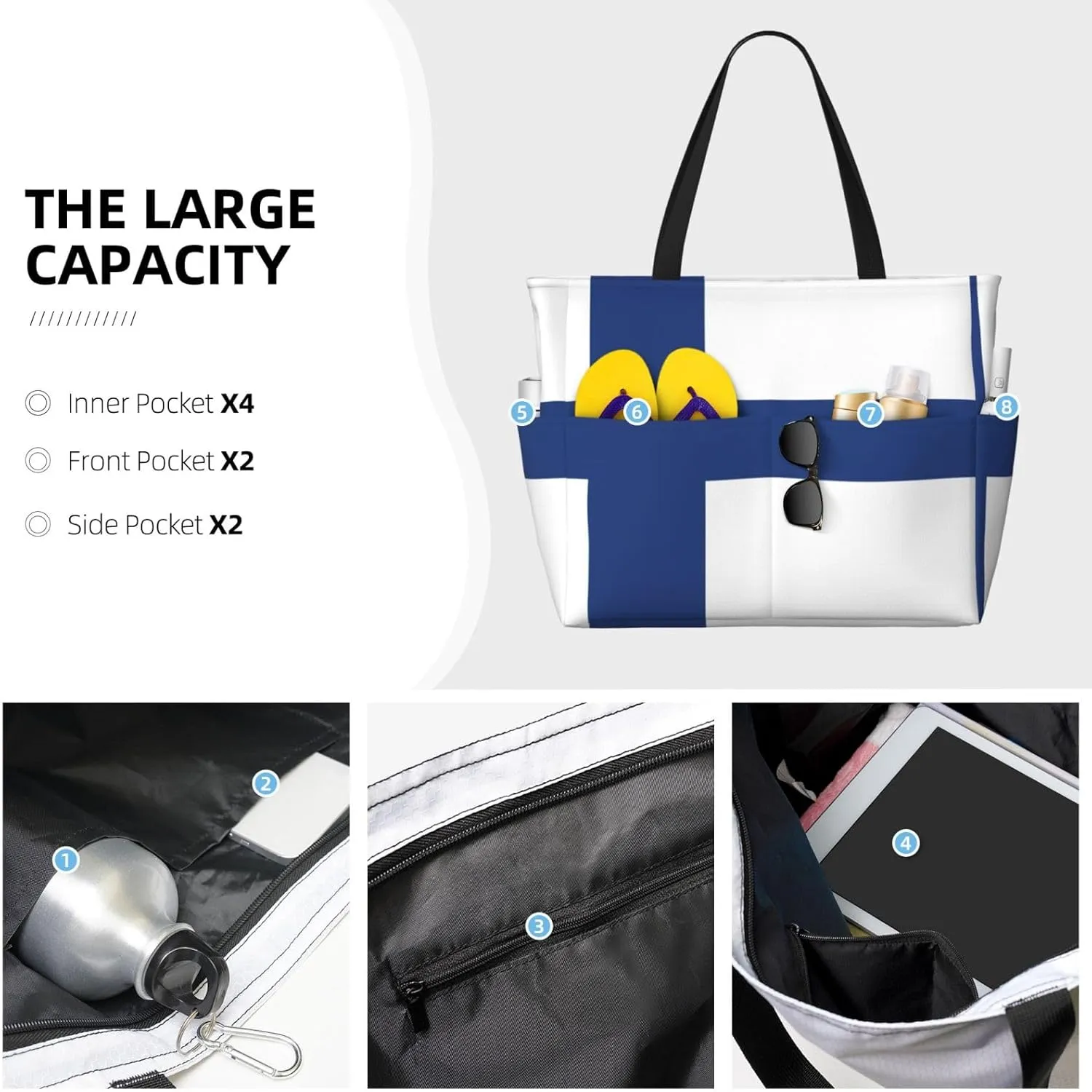 Finnish Flag Beach Tote Bags For Women Travel Totes Bag Handbag With Zipper And Pockets For Travel Vacation