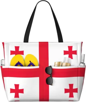 Flag Of Georgia Beach Tote Bags For Women Travel Totes Bag Handbag With Zipper And Pockets For Travel Vacation