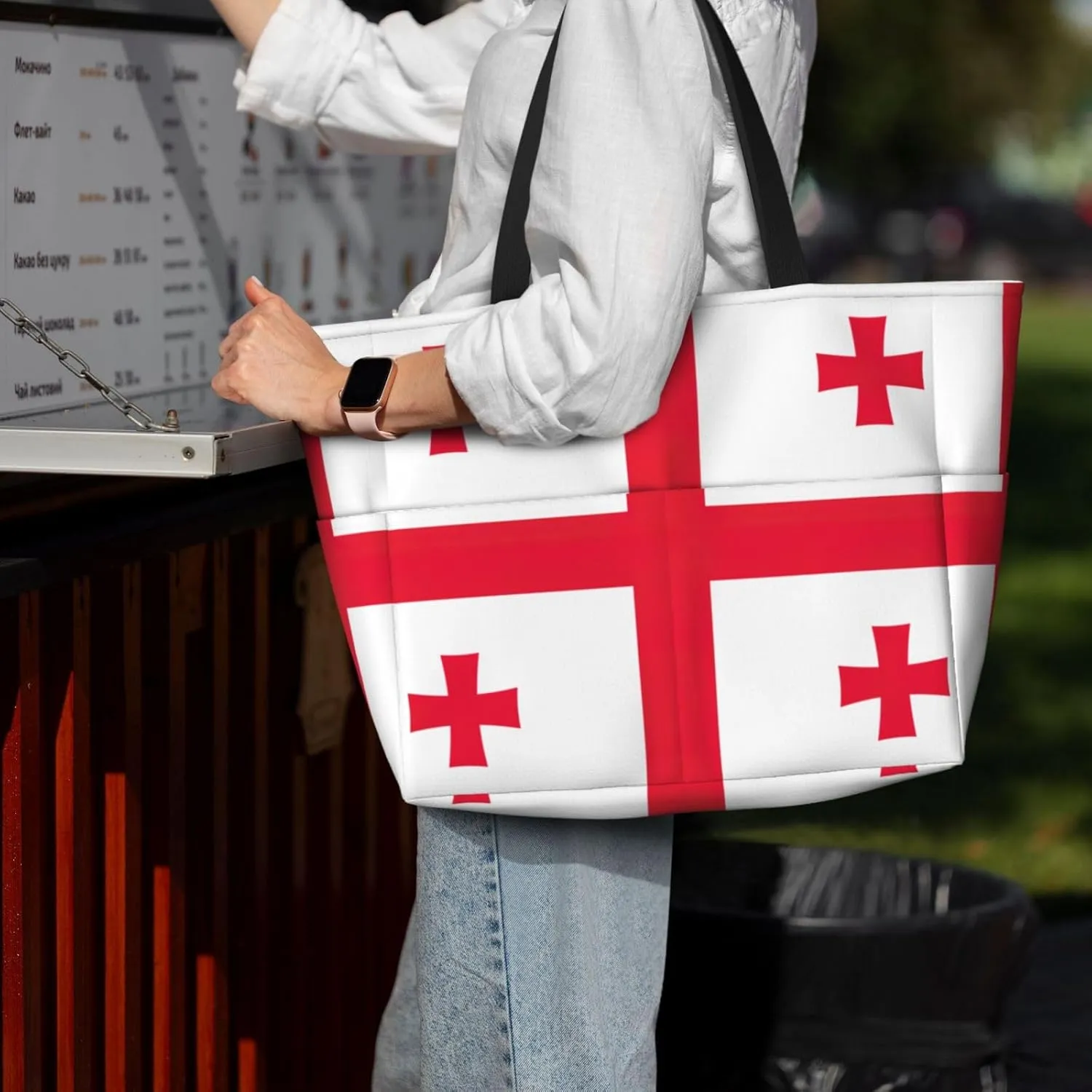 Flag Of Georgia Beach Tote Bags For Women Travel Totes Bag Handbag With Zipper And Pockets For Travel Vacation