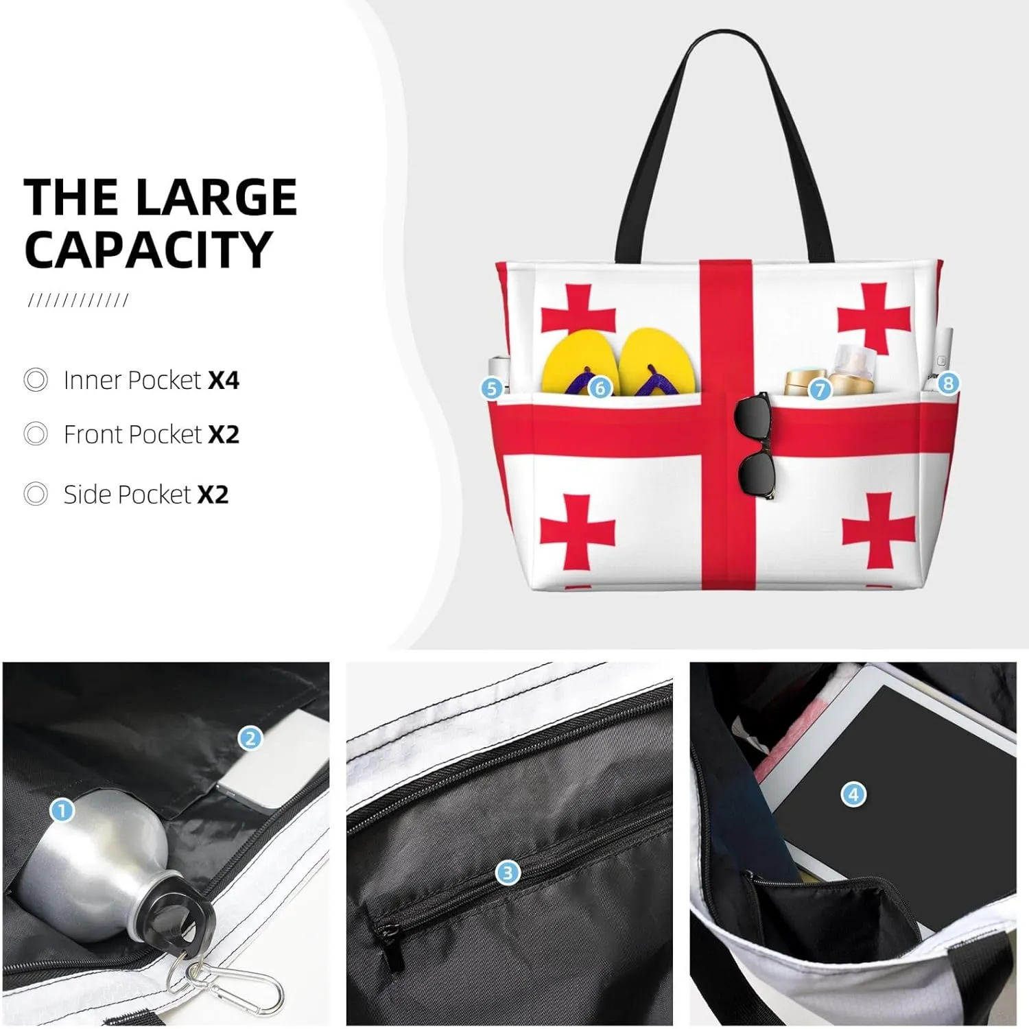 Flag Of Georgia Beach Tote Bags For Women Travel Totes Bag Handbag With Zipper And Pockets For Travel Vacation