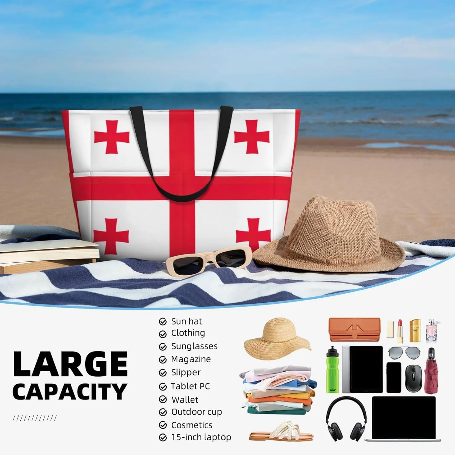 Flag Of Georgia Beach Tote Bags For Women Travel Totes Bag Handbag With Zipper And Pockets For Travel Vacation