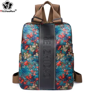 Floral Canvas Backpack, boho backpack, leather mini backpack, girls boho backpack purse