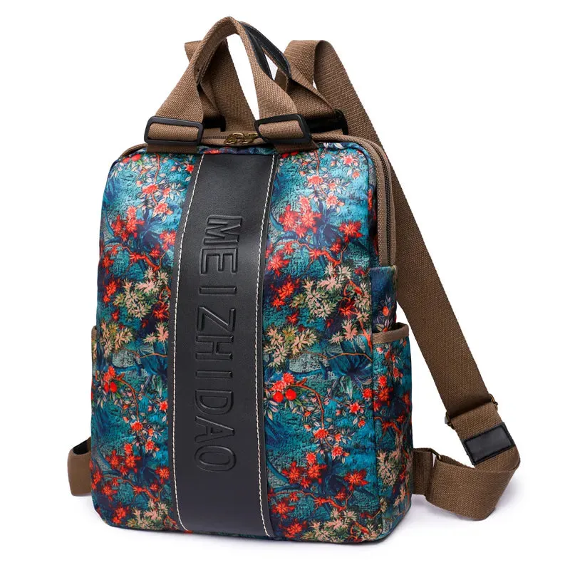 Floral Canvas Backpack, boho backpack, leather mini backpack, girls boho backpack purse