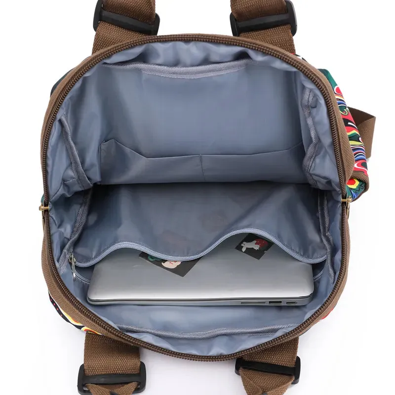 Floral Canvas Backpack, boho backpack, leather mini backpack, girls boho backpack purse