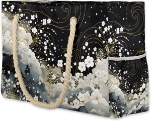 Floral Starry Night Large Beach Tote Bag Women Waterproof Sandproof Zipper Artful Beach Bag for Pool Gym Grocery Travel with Wet Pocket