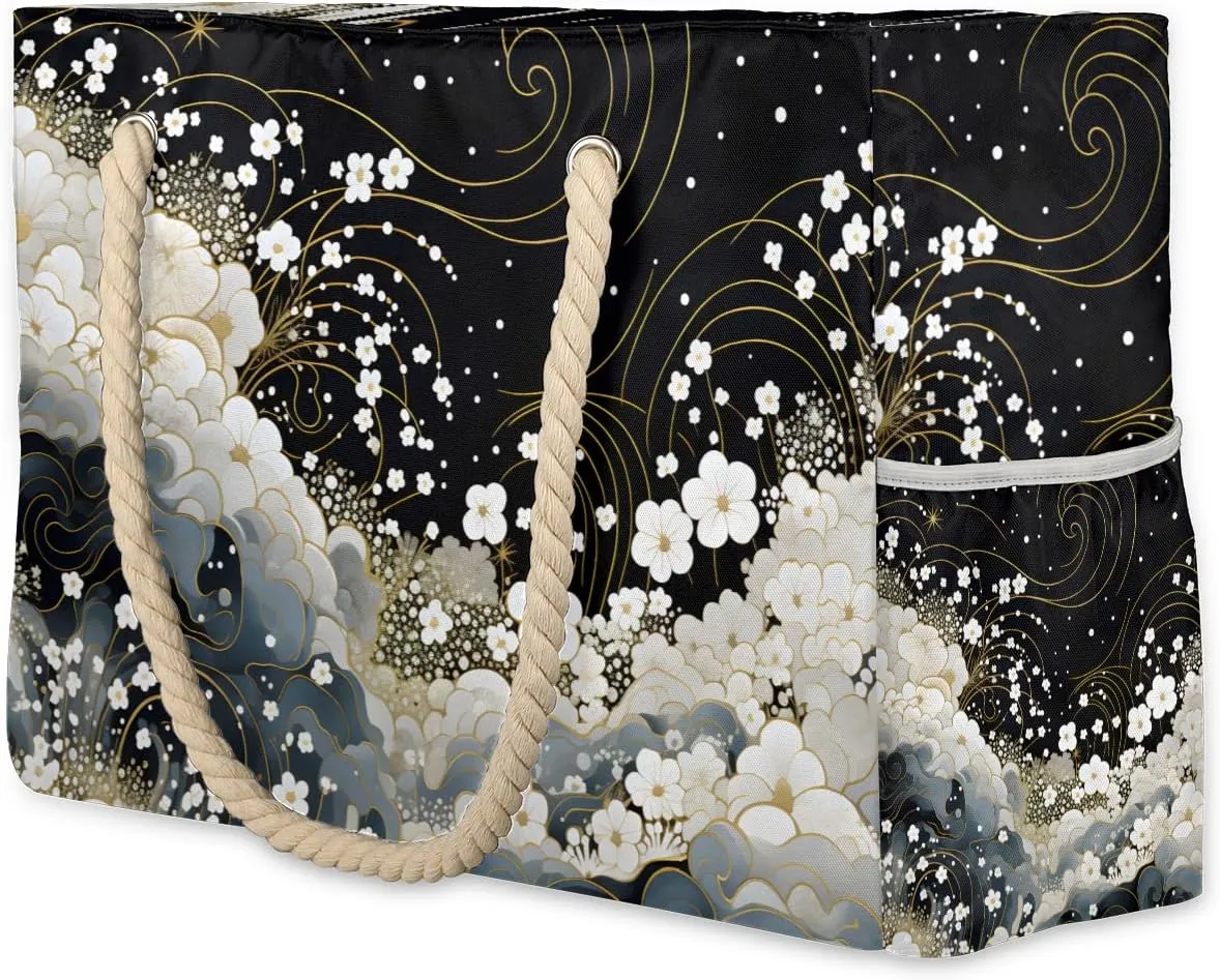 Floral Starry Night Large Beach Tote Bag Women Waterproof Sandproof Zipper Artful Beach Bag for Pool Gym Grocery Travel with Wet Pocket