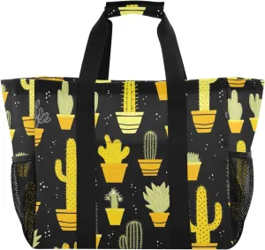 Flower Succulents Cactus Yellow Tote Bag for Women with Zipper Large Beach Bags Foldable Handbags Work Bag Totes for Pool Grocery Gym Travel