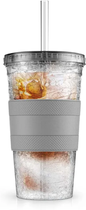 Freezable Iced Coffee Cup with Lid and Straw - Reusable Insulated Ice Tumbler with Grip Sleeve