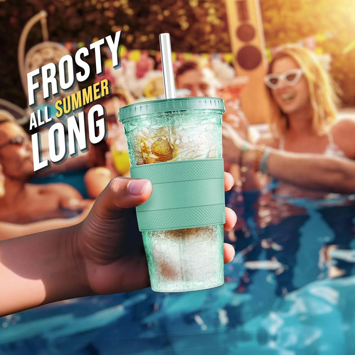 Freezable Iced Coffee Cup with Lid and Straw - Reusable Insulated Ice Tumbler with Grip Sleeve