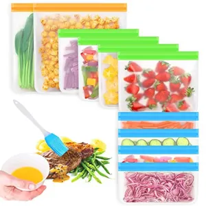 Fresh World  Reusable Storage Bags 10 Pack BPA FREE Freezer Bags (2 Reusable Gallon Bags, 4 Leakproof Reusable Sandwich Bags, 4 Reusable Snack Bags)  1 Silicone Basting Brush, Reusable Zipper Bags Eco-friendly Lunch Bags for Food