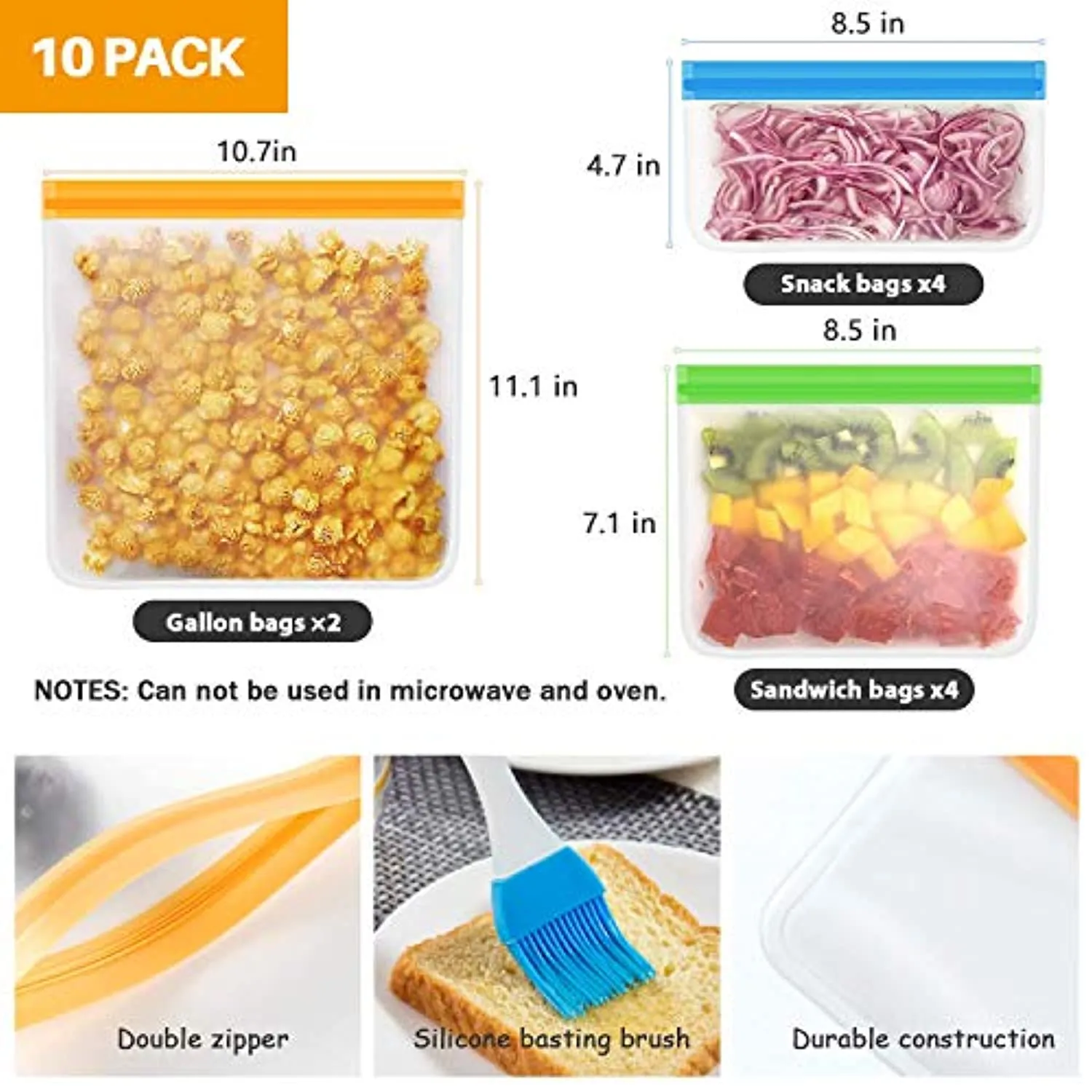 Fresh World  Reusable Storage Bags 10 Pack BPA FREE Freezer Bags (2 Reusable Gallon Bags, 4 Leakproof Reusable Sandwich Bags, 4 Reusable Snack Bags)  1 Silicone Basting Brush, Reusable Zipper Bags Eco-friendly Lunch Bags for Food