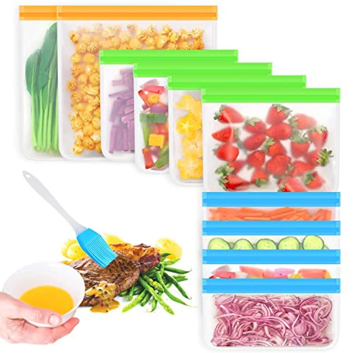 Fresh World  Reusable Storage Bags 10 Pack BPA FREE Freezer Bags (2 Reusable Gallon Bags, 4 Leakproof Reusable Sandwich Bags, 4 Reusable Snack Bags)  1 Silicone Basting Brush, Reusable Zipper Bags Eco-friendly Lunch Bags for Food