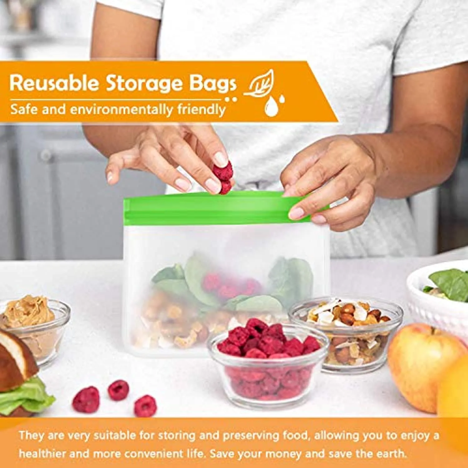Fresh World  Reusable Storage Bags 10 Pack BPA FREE Freezer Bags (2 Reusable Gallon Bags, 4 Leakproof Reusable Sandwich Bags, 4 Reusable Snack Bags)  1 Silicone Basting Brush, Reusable Zipper Bags Eco-friendly Lunch Bags for Food