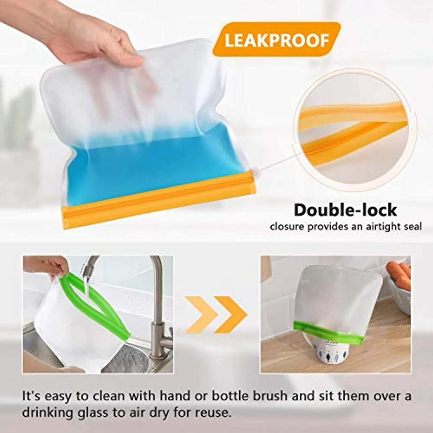 Fresh World  Reusable Storage Bags 10 Pack BPA FREE Freezer Bags (2 Reusable Gallon Bags, 4 Leakproof Reusable Sandwich Bags, 4 Reusable Snack Bags)  1 Silicone Basting Brush, Reusable Zipper Bags Eco-friendly Lunch Bags for Food
