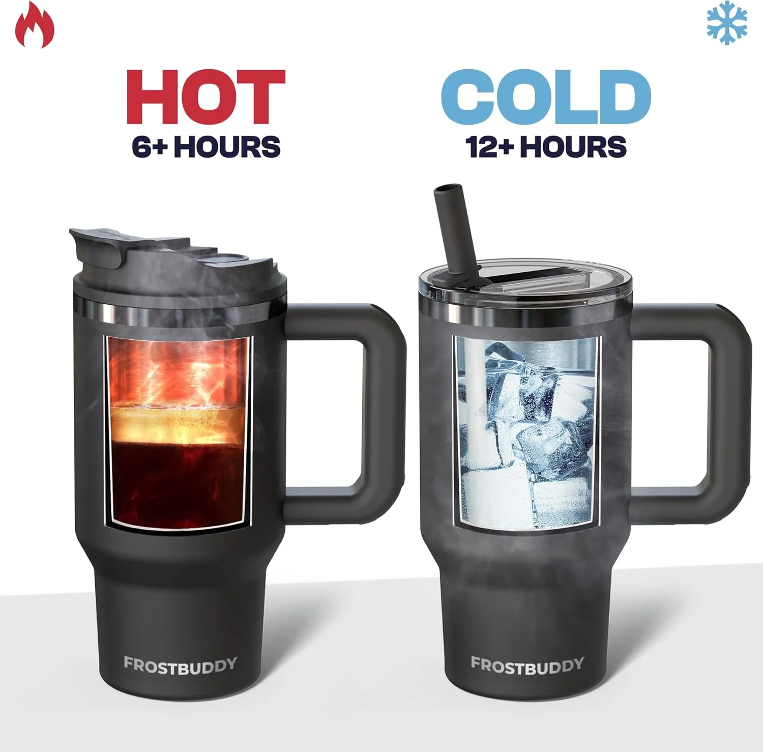 Frost Buddy Thicc Buddy - 16 oz Stainless Steel Vacuum Insulated Tumbler with Lid and Straw for Water - Travel Mug Cupholder Friendly - Gifts for Women Men Him Her (Black)