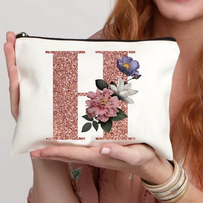 Frosted Makeup Bag Rose Gold Initial Bridal Cosmetic Pouch Gifts for Bridesmaid Make up Organizer Bachelorette Party Lady Clutch