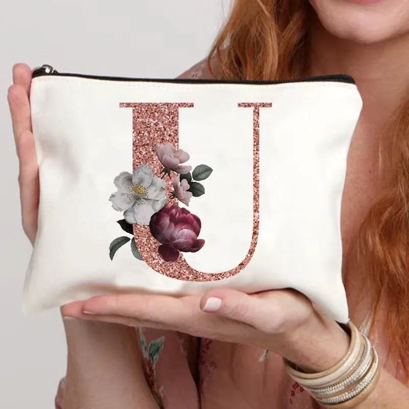 Frosted Makeup Bag Rose Gold Initial Bridal Cosmetic Pouch Gifts for Bridesmaid Make up Organizer Bachelorette Party Lady Clutch