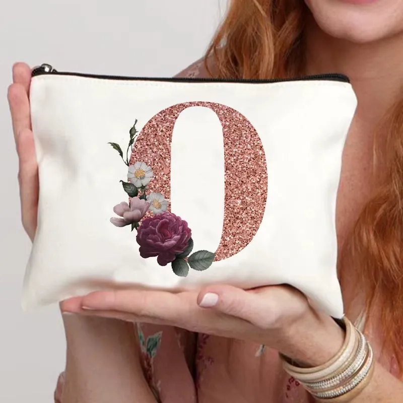 Frosted Makeup Bag Rose Gold Initial Bridal Cosmetic Pouch Gifts for Bridesmaid Make up Organizer Bachelorette Party Lady Clutch