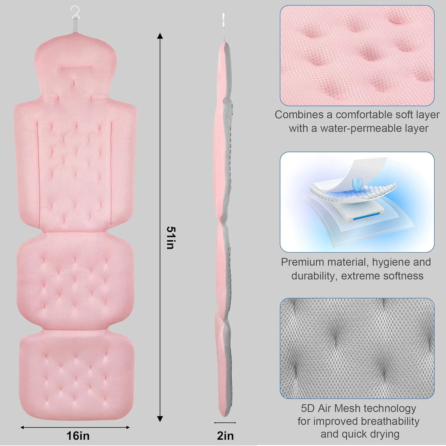 Full Body Bath Pillow, Luxury Bath Cushion with 192 Suction Cups, Bath Pillows for Tub for Head and Neck Support, with Laundry Bag Pink, 51" x 16"