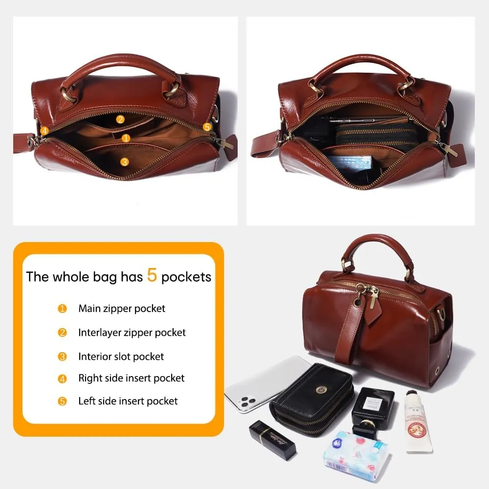 Genuine Leather Boston Bags for Women, Crossbody Bags Vintage Top Handle Satchels for Ladies with Two adjustable Straps