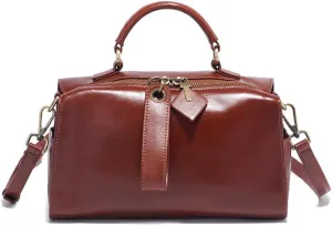 Genuine Leather Boston Bags for Women, Crossbody Bags Vintage Top Handle Satchels for Ladies with Two adjustable Straps