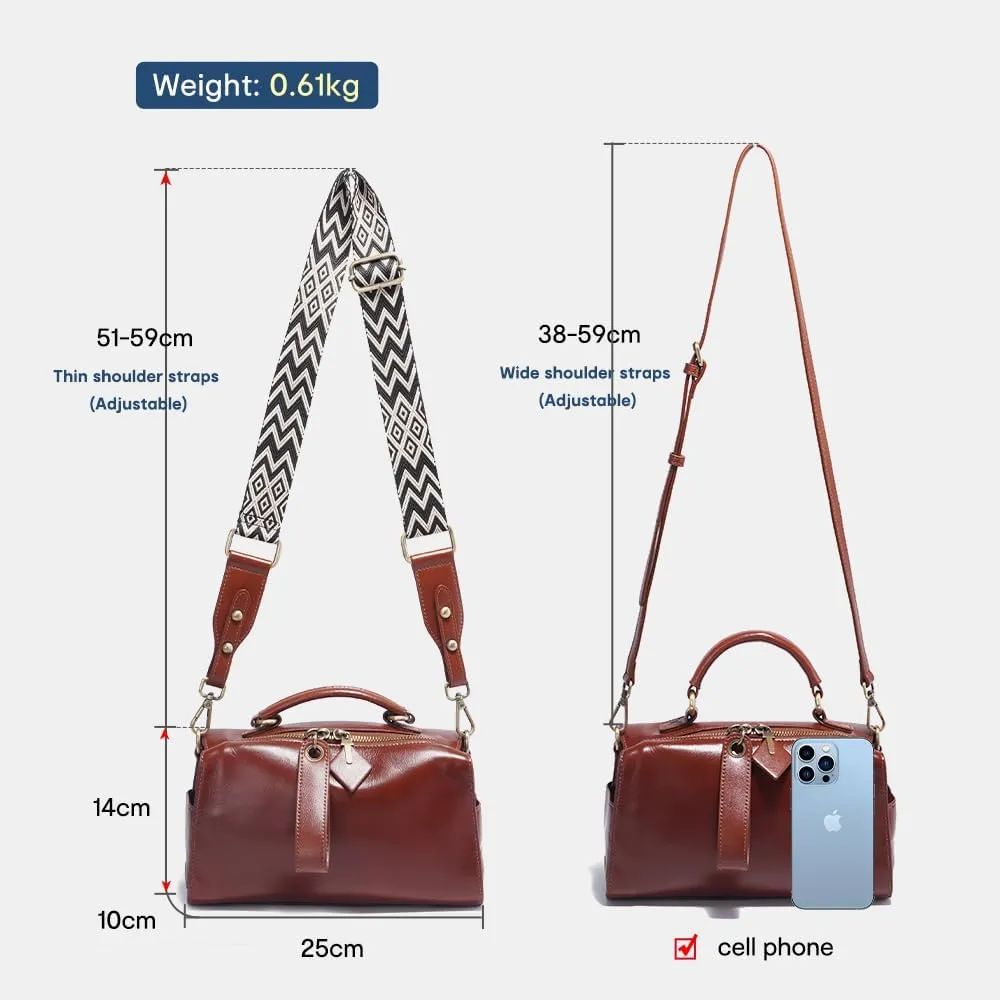 Genuine Leather Boston Bags for Women, Crossbody Bags Vintage Top Handle Satchels for Ladies with Two adjustable Straps