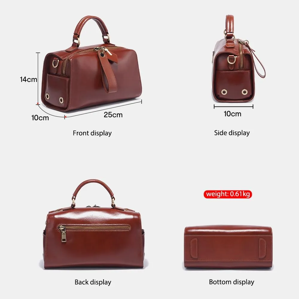 Genuine Leather Boston Bags for Women, Crossbody Bags Vintage Top Handle Satchels for Ladies with Two adjustable Straps