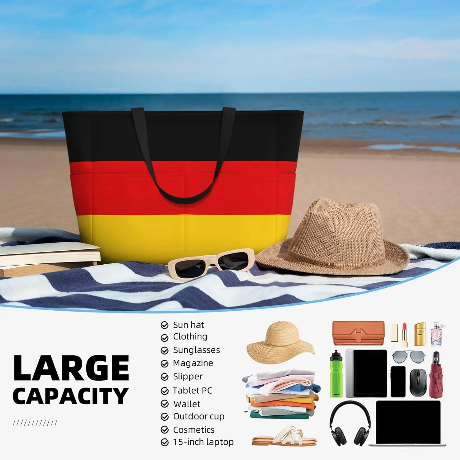 German Flag Beach Tote Bags For Women Travel Totes Bag Handbag With Zipper And Pockets For Travel Vacation