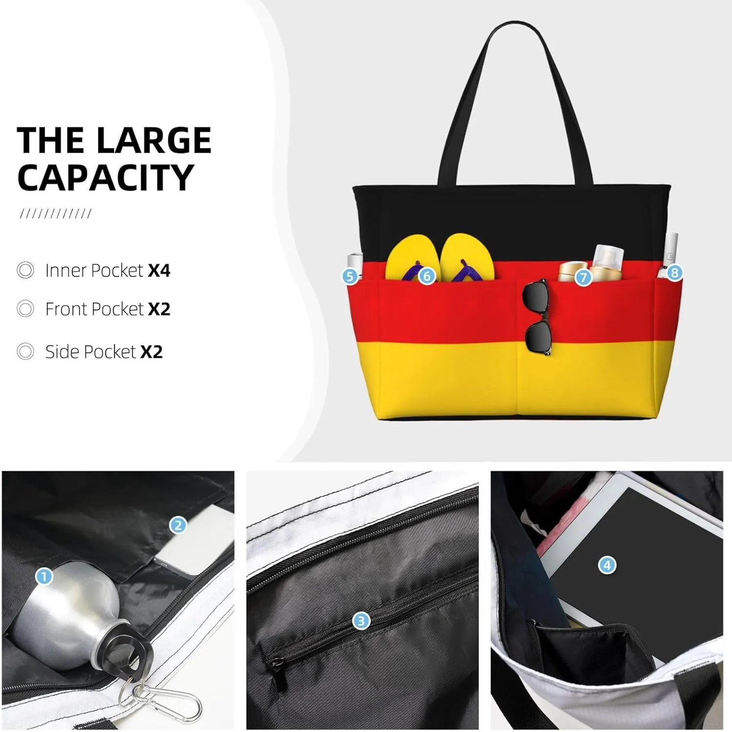 German Flag Beach Tote Bags For Women Travel Totes Bag Handbag With Zipper And Pockets For Travel Vacation
