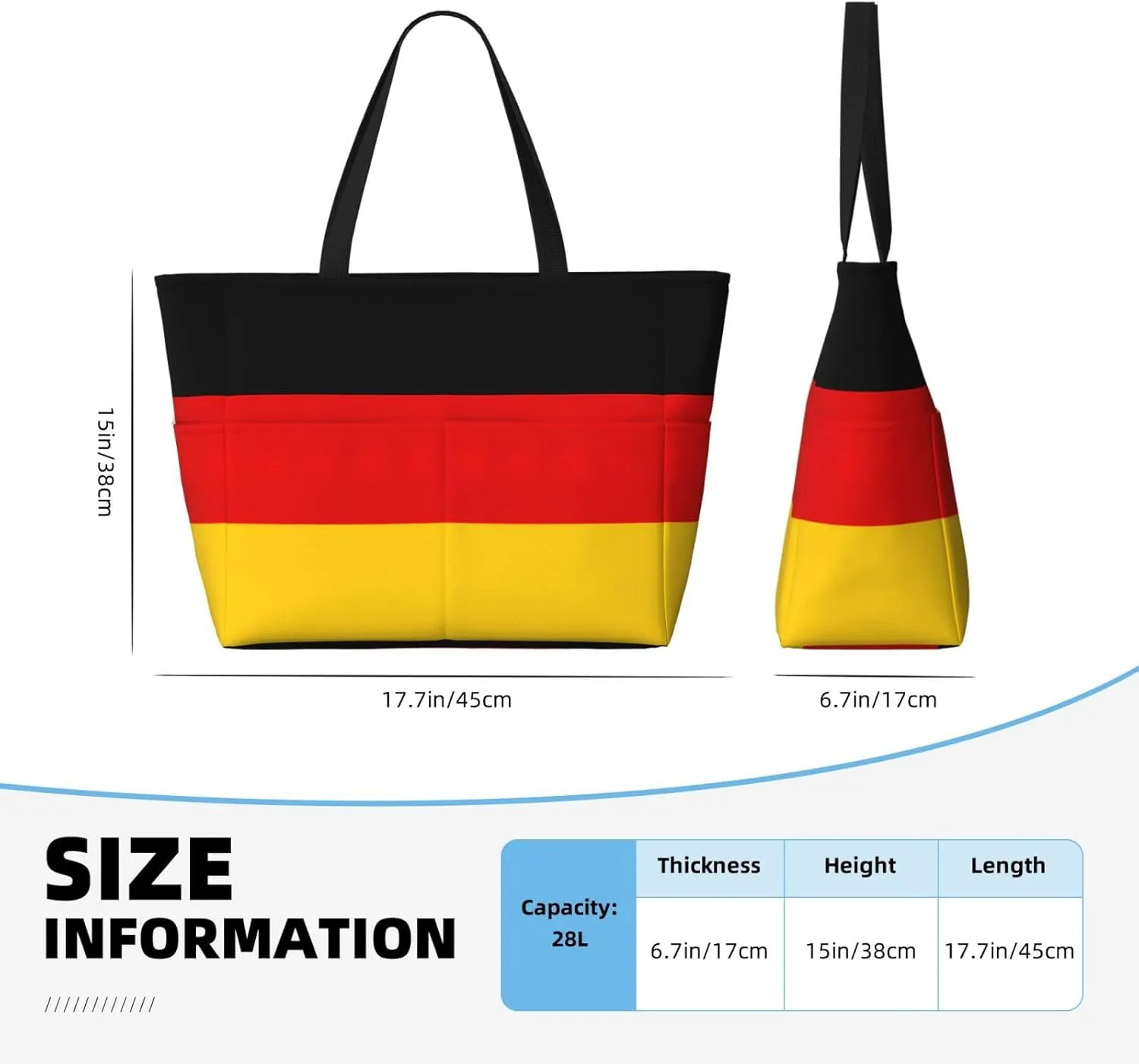 German Flag Beach Tote Bags For Women Travel Totes Bag Handbag With Zipper And Pockets For Travel Vacation