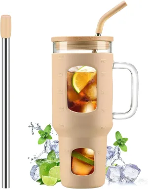 Glass Tumbler with Straw and Lid, 40 oz glass cup with handle, Glass Water Bottles with Time Marker, Silicone Protective Sleeve-Amber