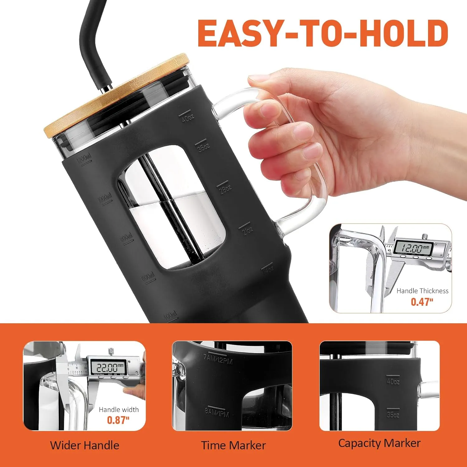 Glass Tumbler with Straw and Lid, 40 oz glass cup with handle, Glass Water Bottles with Time Marker, Silicone Protective Sleeve-Black