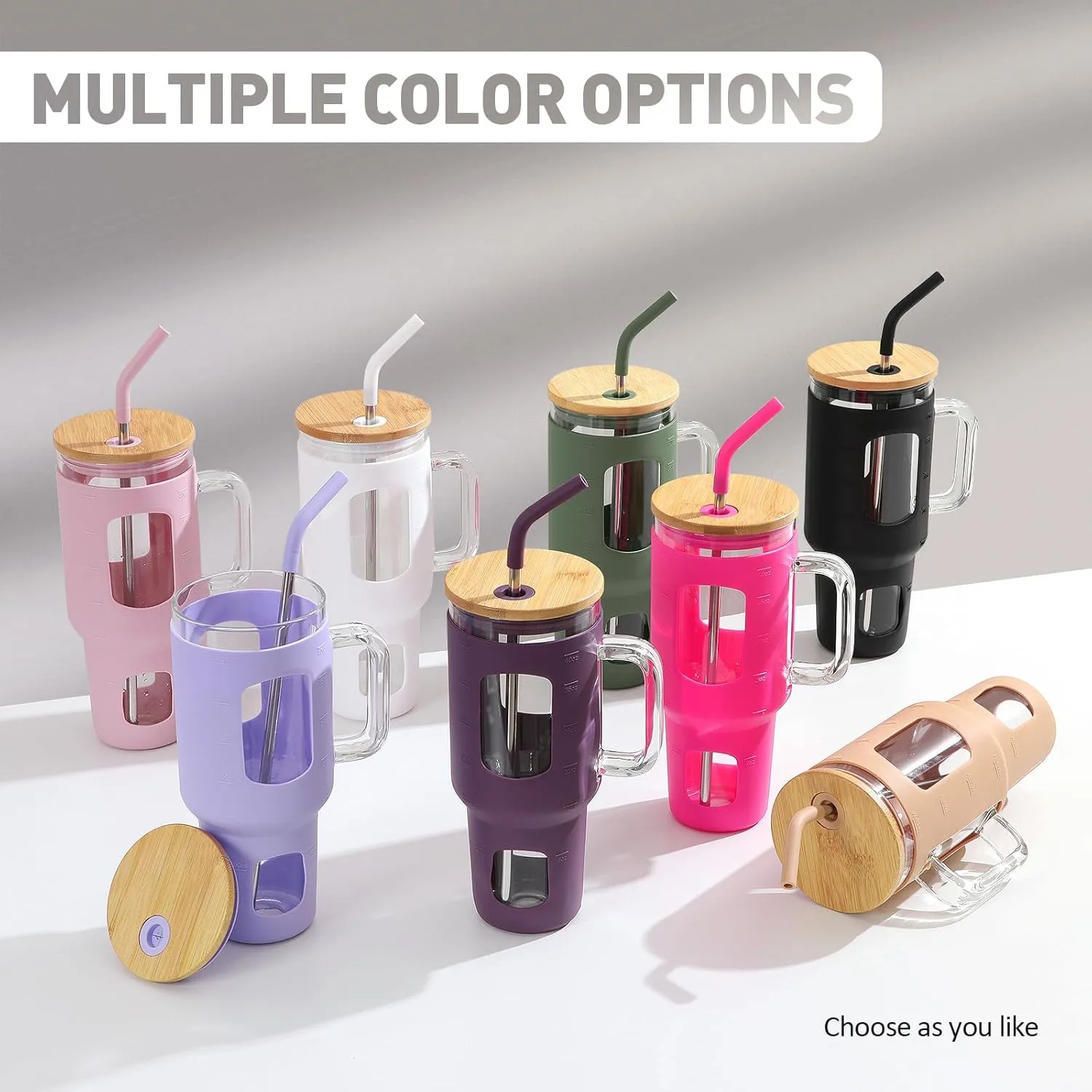 Glass Tumbler with Straw and Lid, 40 oz glass cup with handle, Glass Water Bottles with Time Marker, Silicone Protective Sleeve-Black